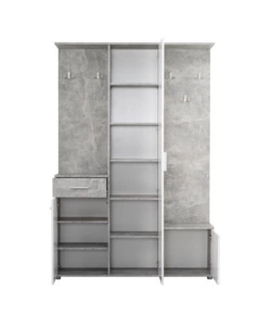 MOBILE DA INGRESSO "BARCELLONA" CON SPECCHIO, CASSETTI E APPENDIABITI BIANCO E CEMENTO, 133X33X197 CM
